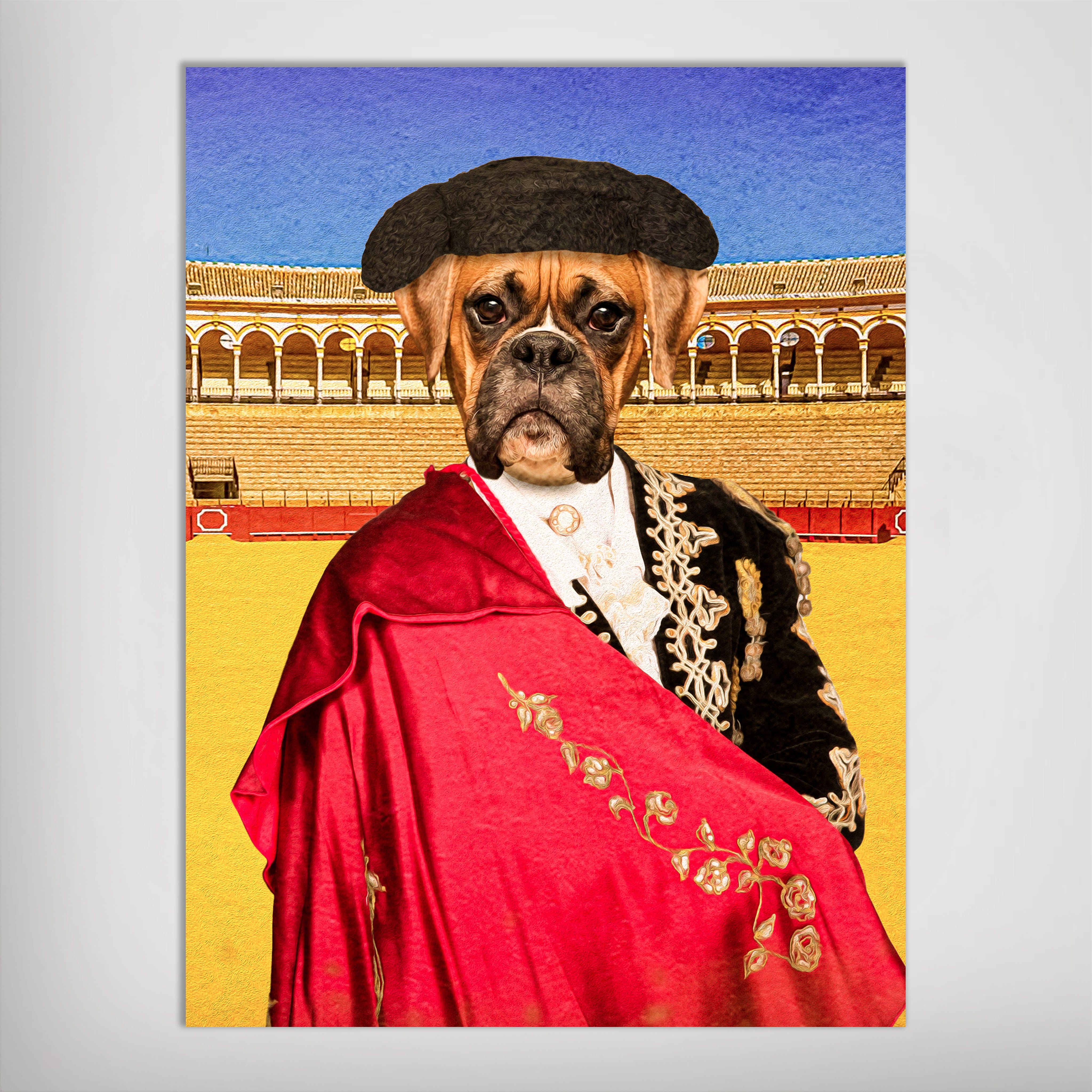 Personalized Boxer dog pet poster as a bullfighter in a black suit, red cape, and black hat, against a bullring.