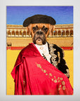 Personalized Boxer dog pet poster as a bullfighter in a black suit, red cape, and black hat, against a bullring.