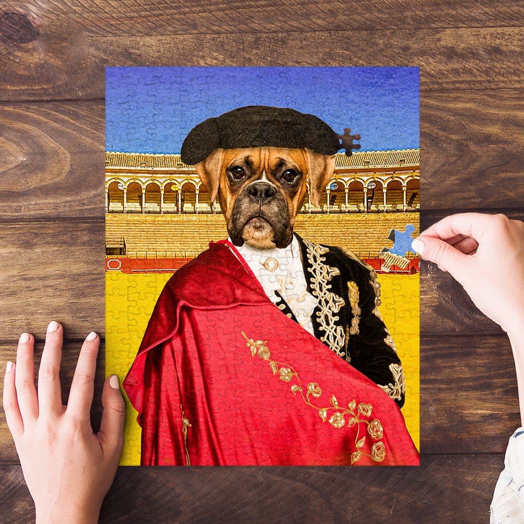 Custom personalized pet puzzle featuring a Boxer dog in a Bull Fighter renaissance portrait style.