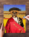 Custom personalized pet puzzle featuring a Boxer dog in a Bull Fighter renaissance portrait style.