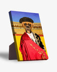 Personalized Boxer pet portrait on a standing canvas, dressed as a bullfighter with a red cape and black hat.