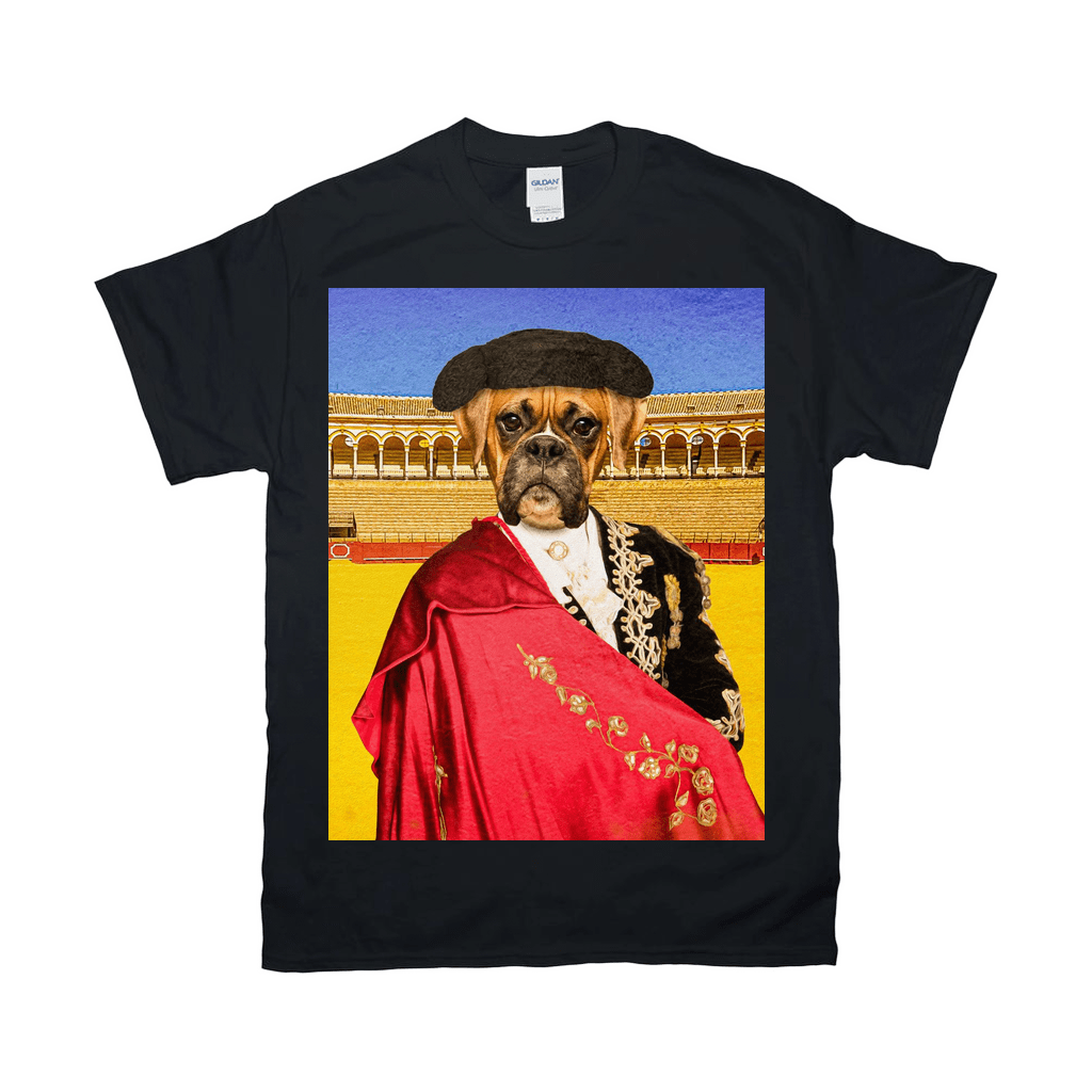 Black Gildan t-shirt with a personalized boxer dog in a matador costume, holding a red cape.