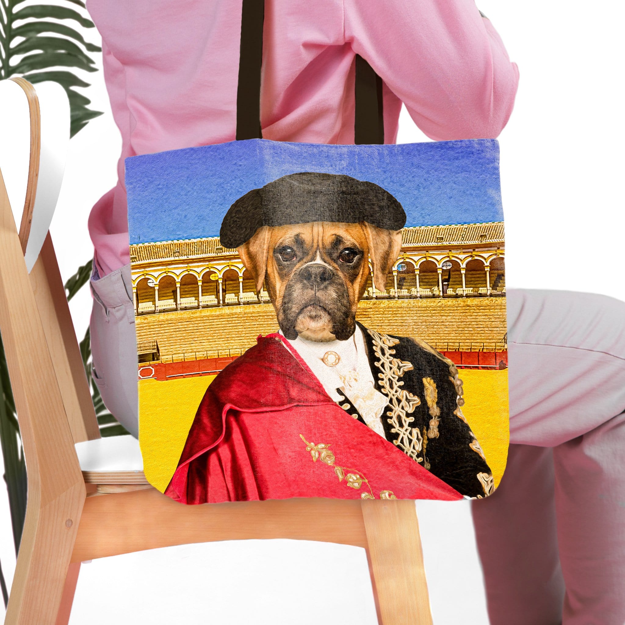 Personalized 'Bull Fighter' tote bag with a custom Boxer pet portrait in a matador outfit.