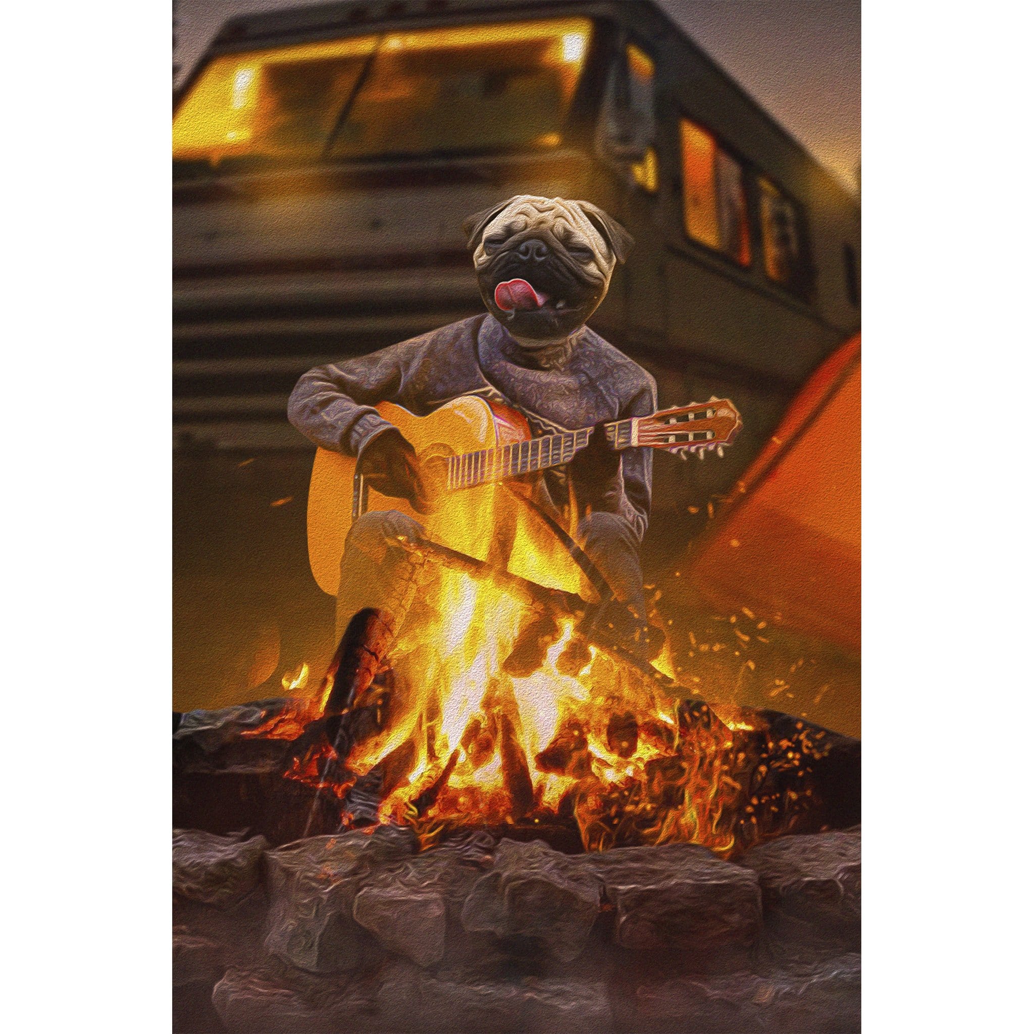 Personalized digital portrait of a pug playing guitar by a campfire with a camper in the background.