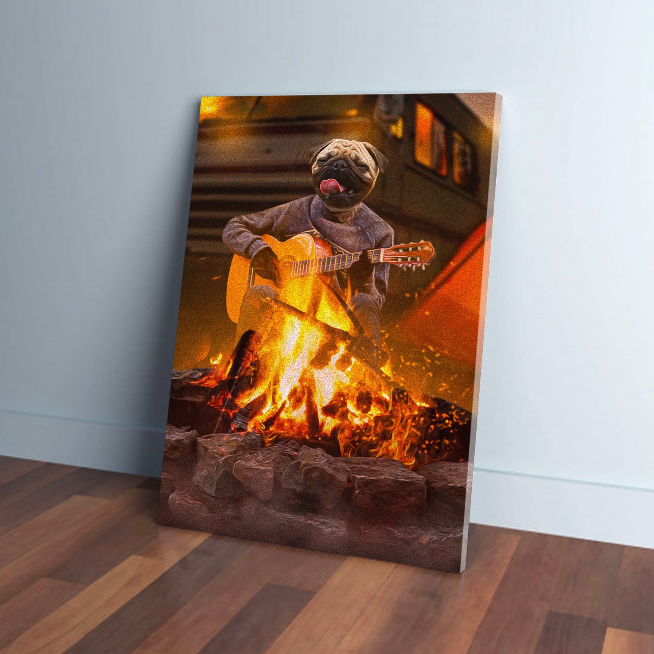 Personalized pet canvas featuring a pug playing guitar by a campfire, leaning on a white wall.