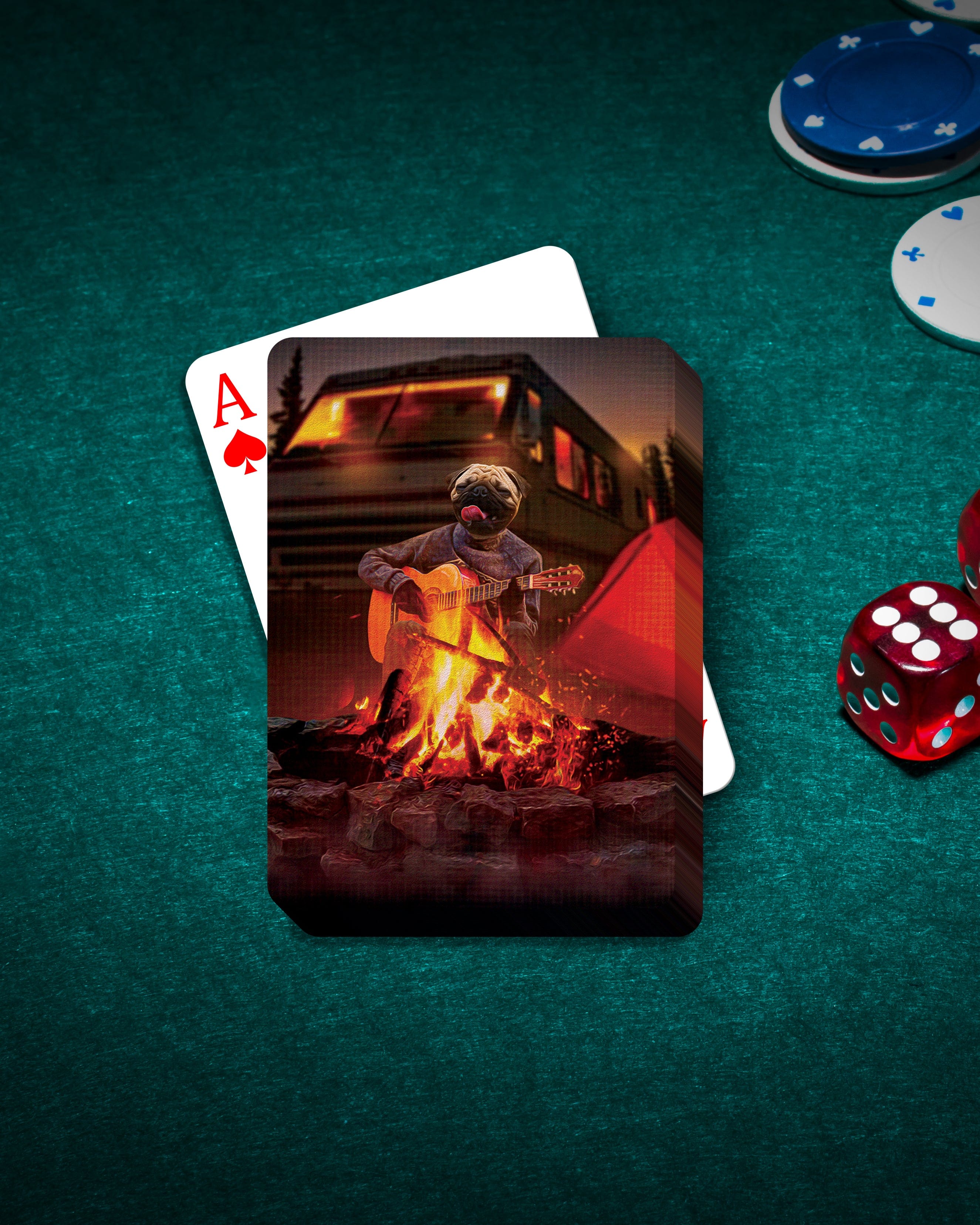 Personalized 'Camper' playing cards featuring a custom pet portrait of a dog playing guitar by a campfire.