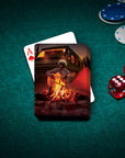 Personalized 'Camper' playing cards featuring a custom pet portrait of a dog playing guitar by a campfire.
