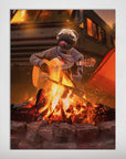 Personalized matte poster featuring a pug playing guitar by a campfire with a camper and tent.