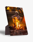 Personalized pet standing canvas featuring a pug playing guitar by a campfire, with a camper in the background.