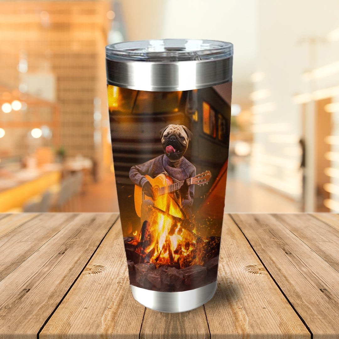 Personalized stainless steel tumbler with a cartoon pug playing guitar by a campfire.