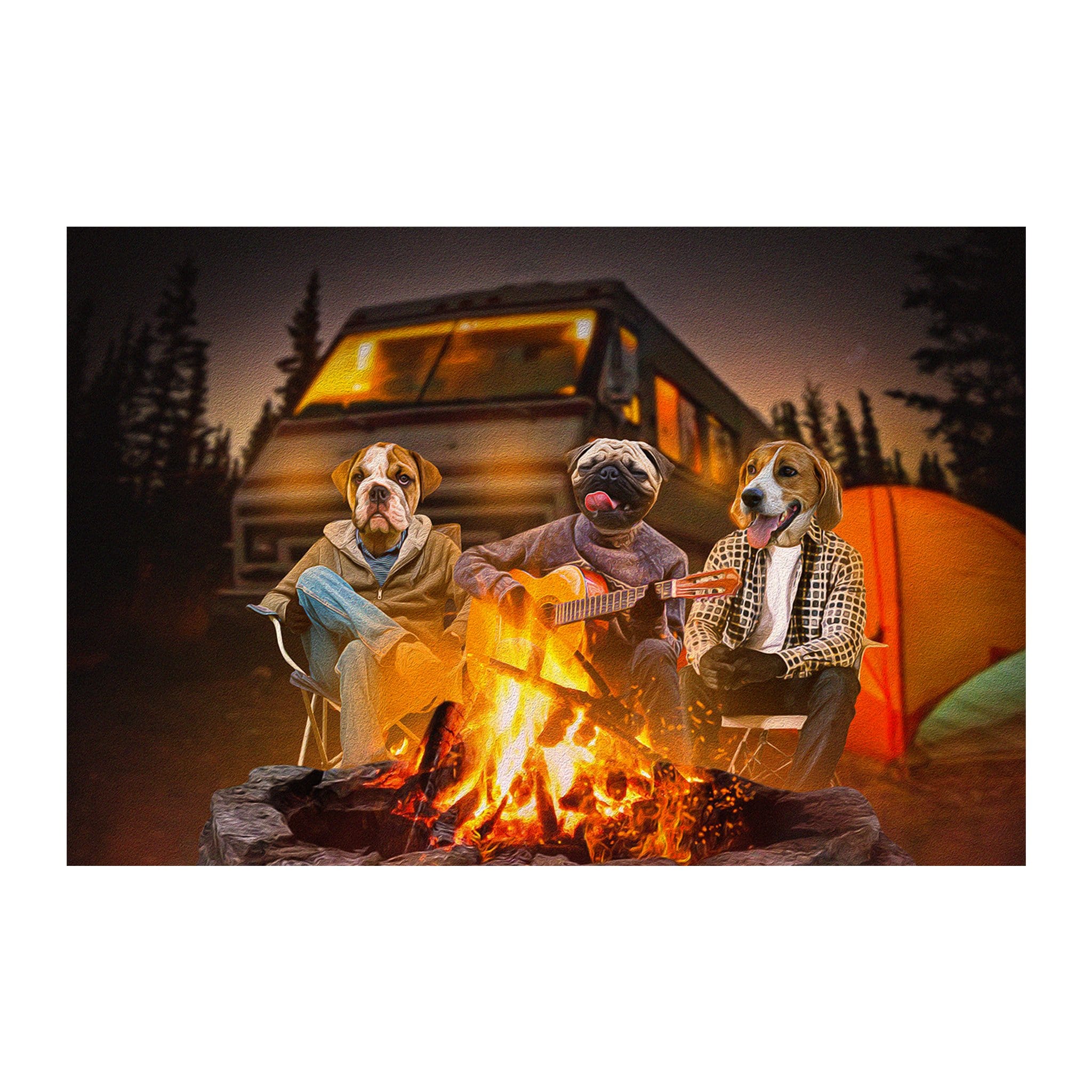 Custom digital portrait of three pets as campers around a campfire with a van and tent.