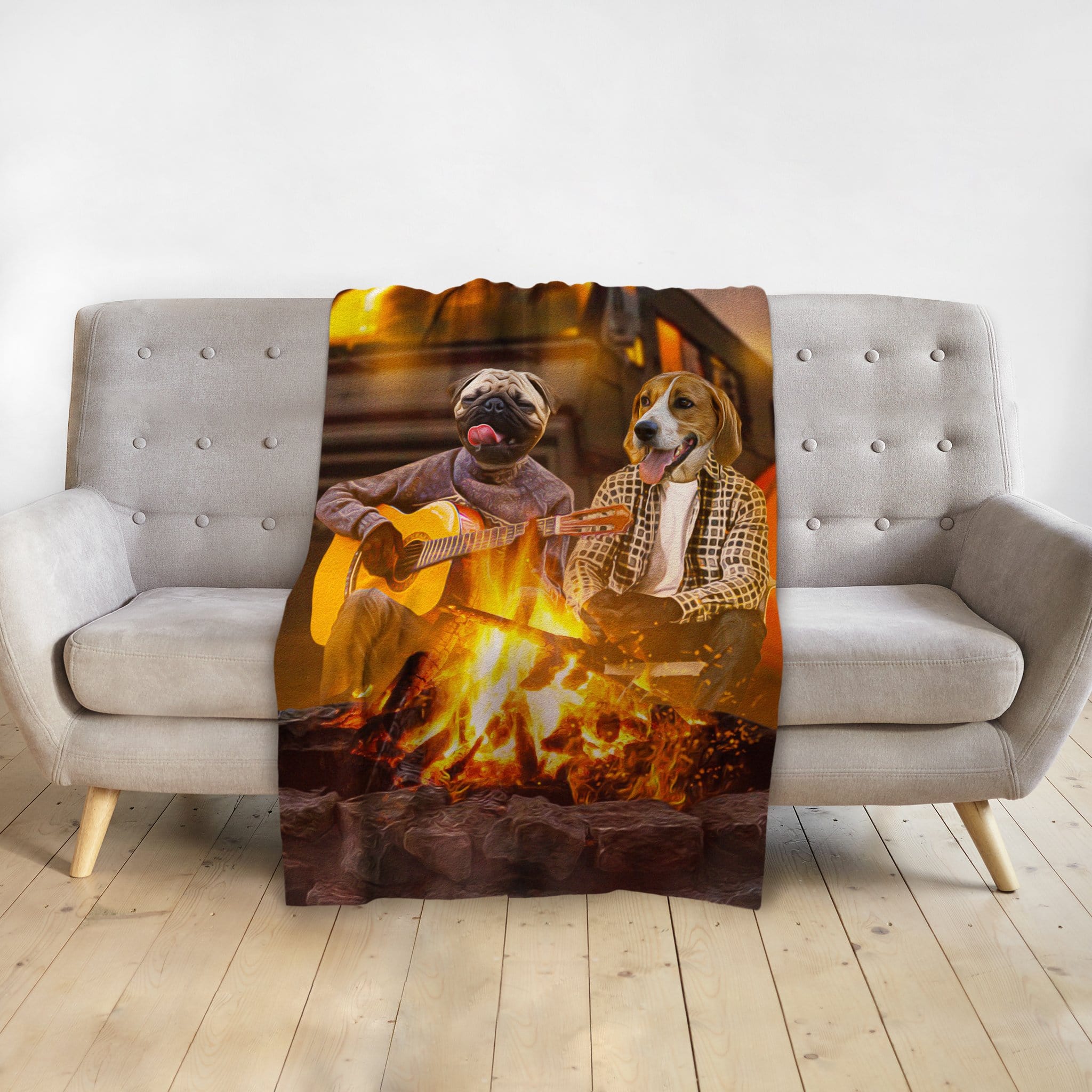 Personalized minky blanket with two pet portraits, a pug playing guitar and a beagle by a campfire.