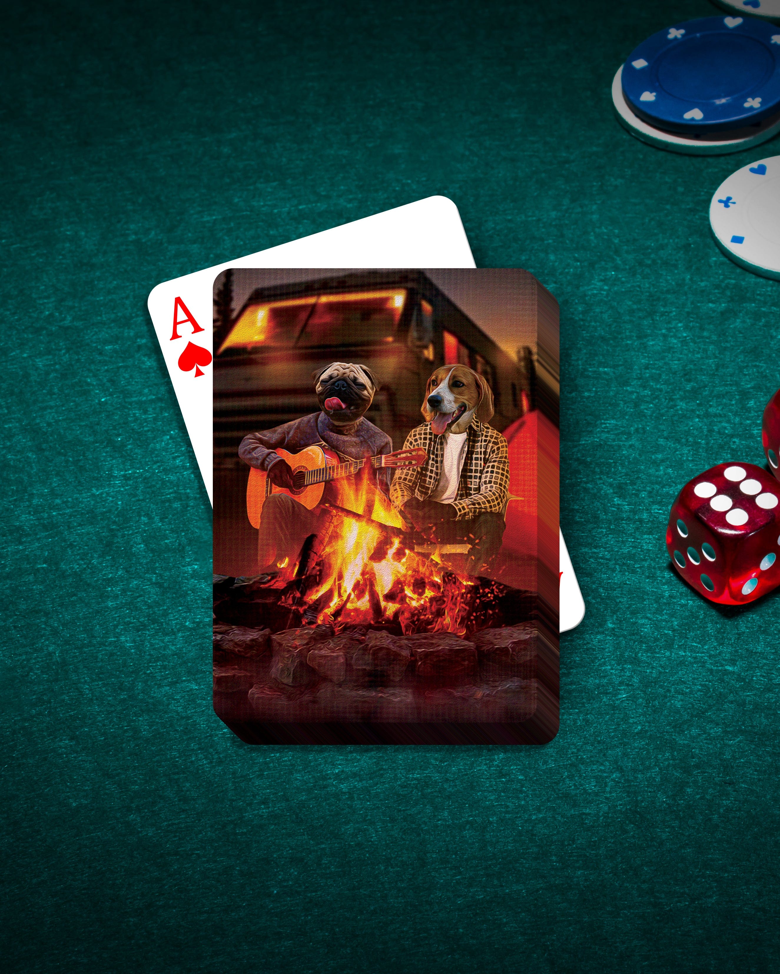 Personalized playing cards featuring two pets as campers, a pug playing guitar and a beagle by a campfire.