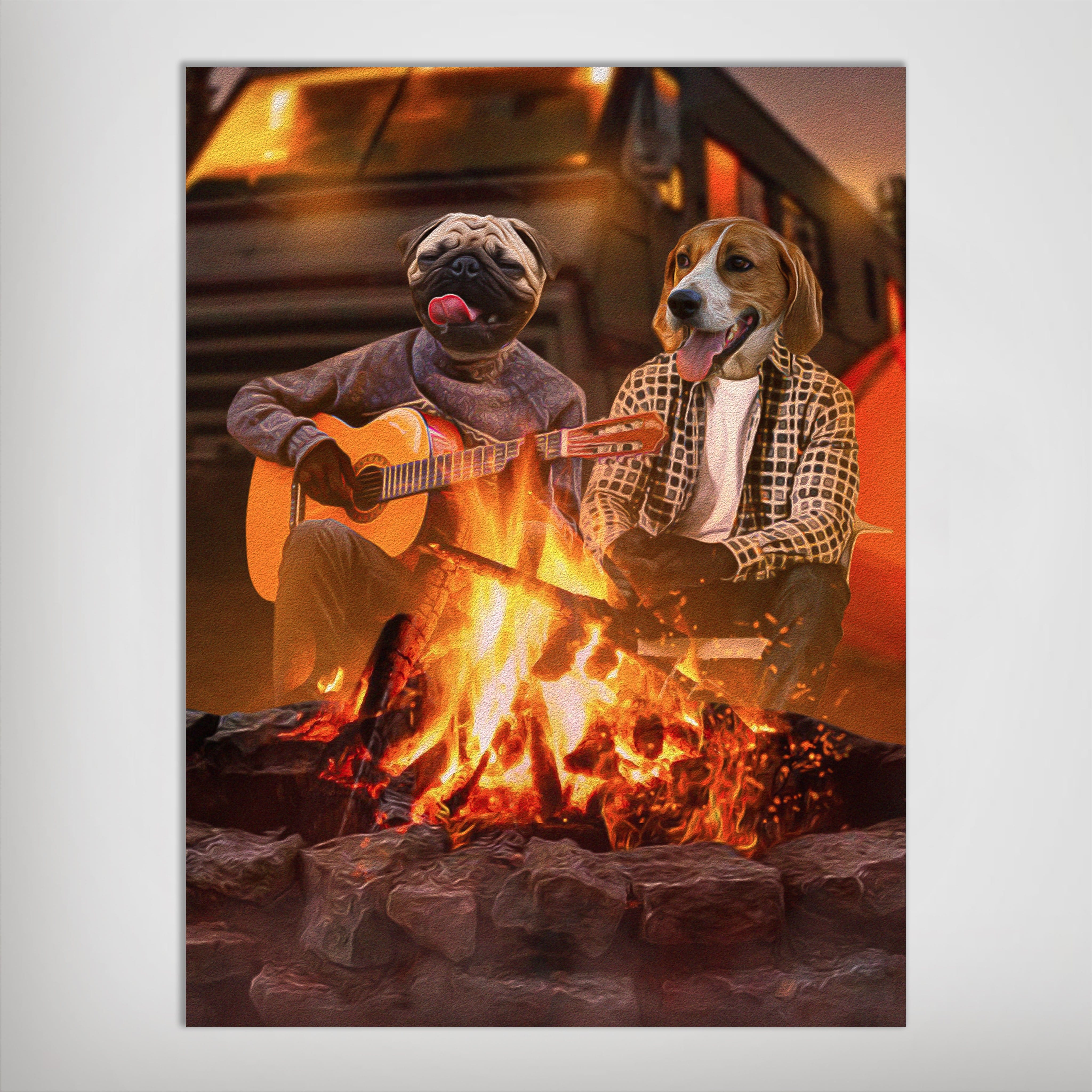 Personalized "The Campers" poster featuring a pug playing guitar and a beagle by a campfire.