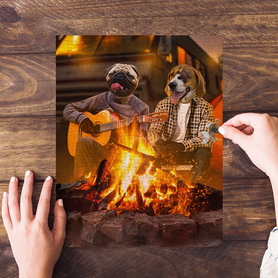 Personalized 2 pet puzzle featuring a pug and beagle camping by a fire, one playing guitar.