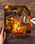 Personalized 2 pet puzzle featuring a pug and beagle camping by a fire, one playing guitar.