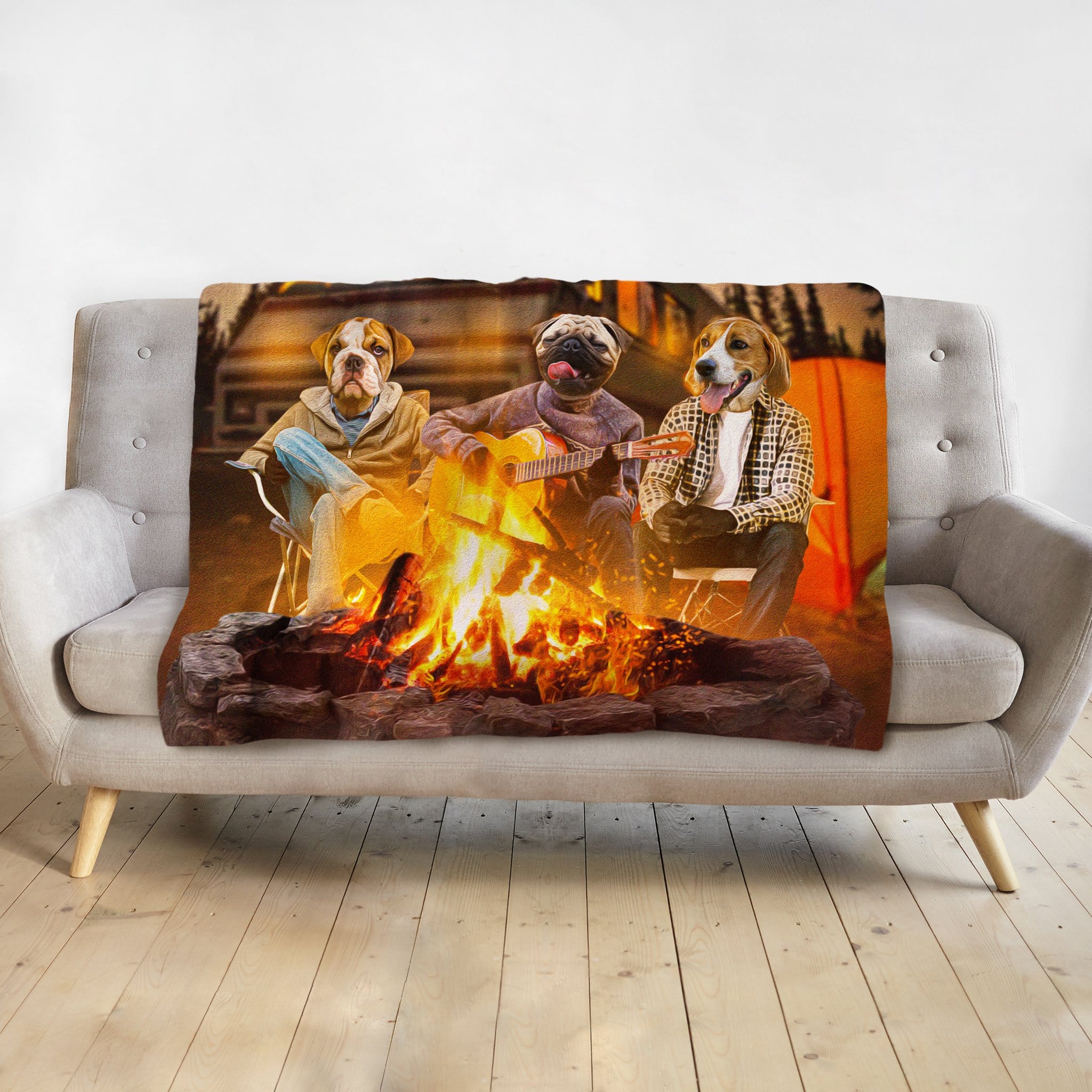 Personalized 3 pet blanket with dogs camping around a campfire, one playing guitar.
