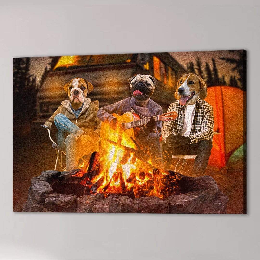Personalized canvas of three pets as campers around a campfire, one playing guitar, with an RV and tent.