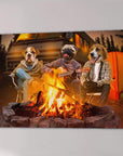 Personalized canvas of three pets as campers around a campfire, one playing guitar, with an RV and tent.