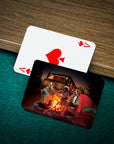 Personalized playing cards featuring three pets camping around a bonfire, with a standard Ace of Spades card.