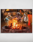 Personalized 3-pet "The Campers" poster featuring dogs around a campfire with a tent and RV.