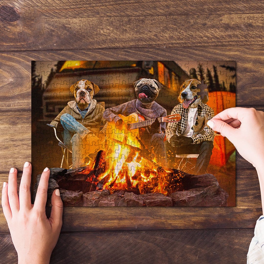 Personalized 3-pet puzzle featuring dogs camping around a campfire, one playing guitar.