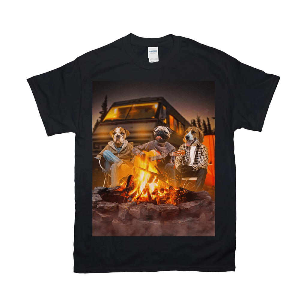 Black Gildan t-shirt with three personalized dogs camping around a campfire, one playing guitar.
