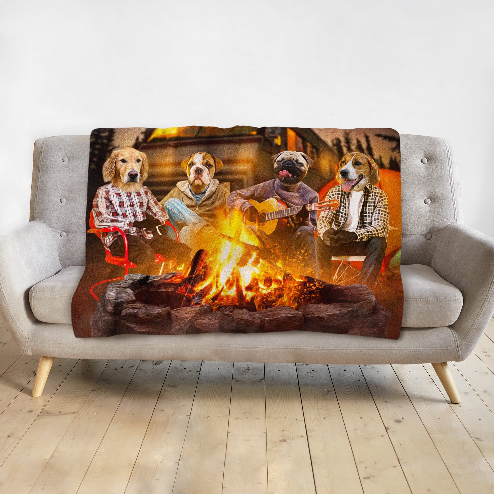 Personalized minky blanket with four pet portraits camping around a campfire, playing guitar.