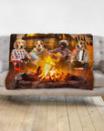 Personalized minky blanket with four pet portraits camping around a campfire, playing guitar.
