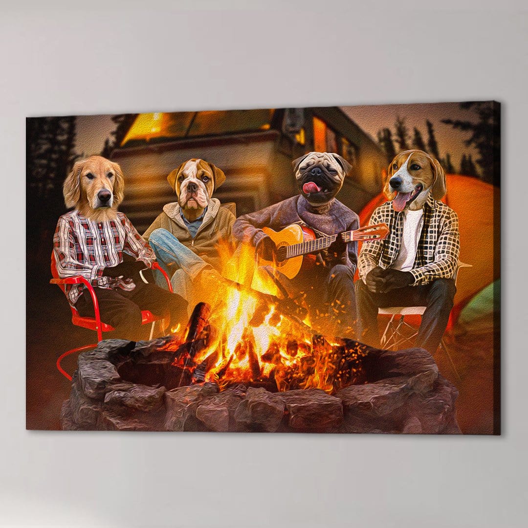 Personalized canvas of four pets with human bodies camping around a campfire, one playing guitar.