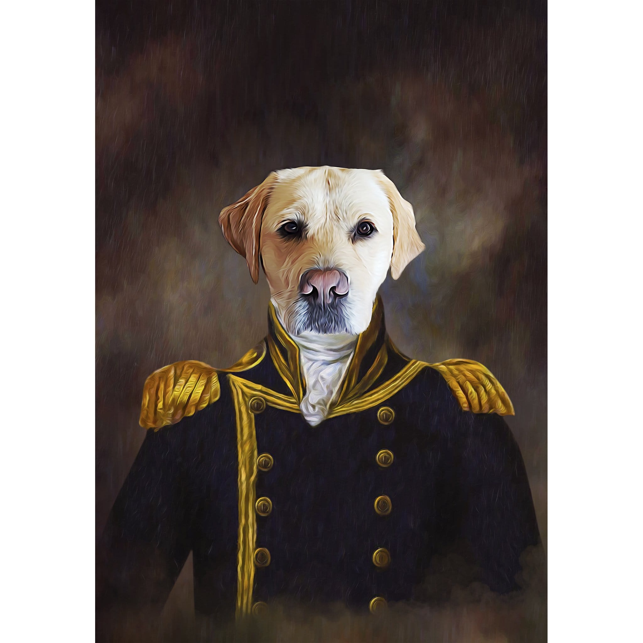 Personalized 'The Captain' digital portrait featuring a golden retriever's head on a navy blue royal uniform.