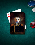 Custom personalized playing cards featuring a yellow lab dog in a renaissance 'Captain' uniform portrait.