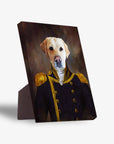 Personalized pet standing canvas featuring a yellow lab in a navy blue "Captain" uniform with gold accents.