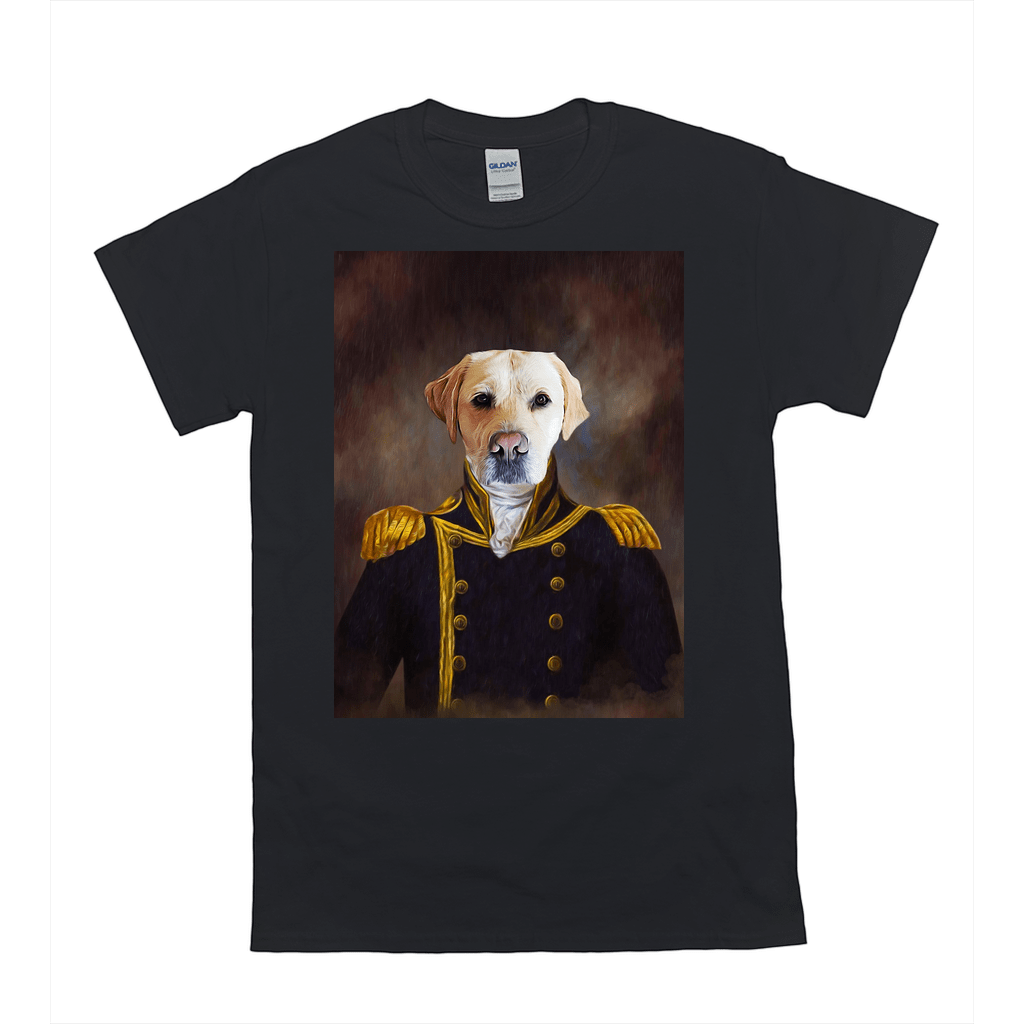 Black Gildan cotton tee with a custom portrait of a yellow lab dog in a navy captain's uniform.