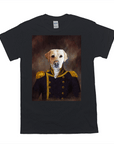 Black Gildan cotton tee with a custom portrait of a yellow lab dog in a navy captain's uniform.