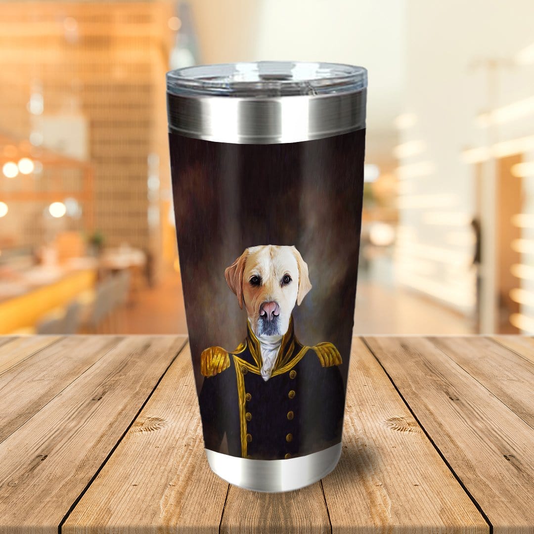 Personalized stainless steel tumbler with a custom Captain-style portrait of a yellow Labrador dog.