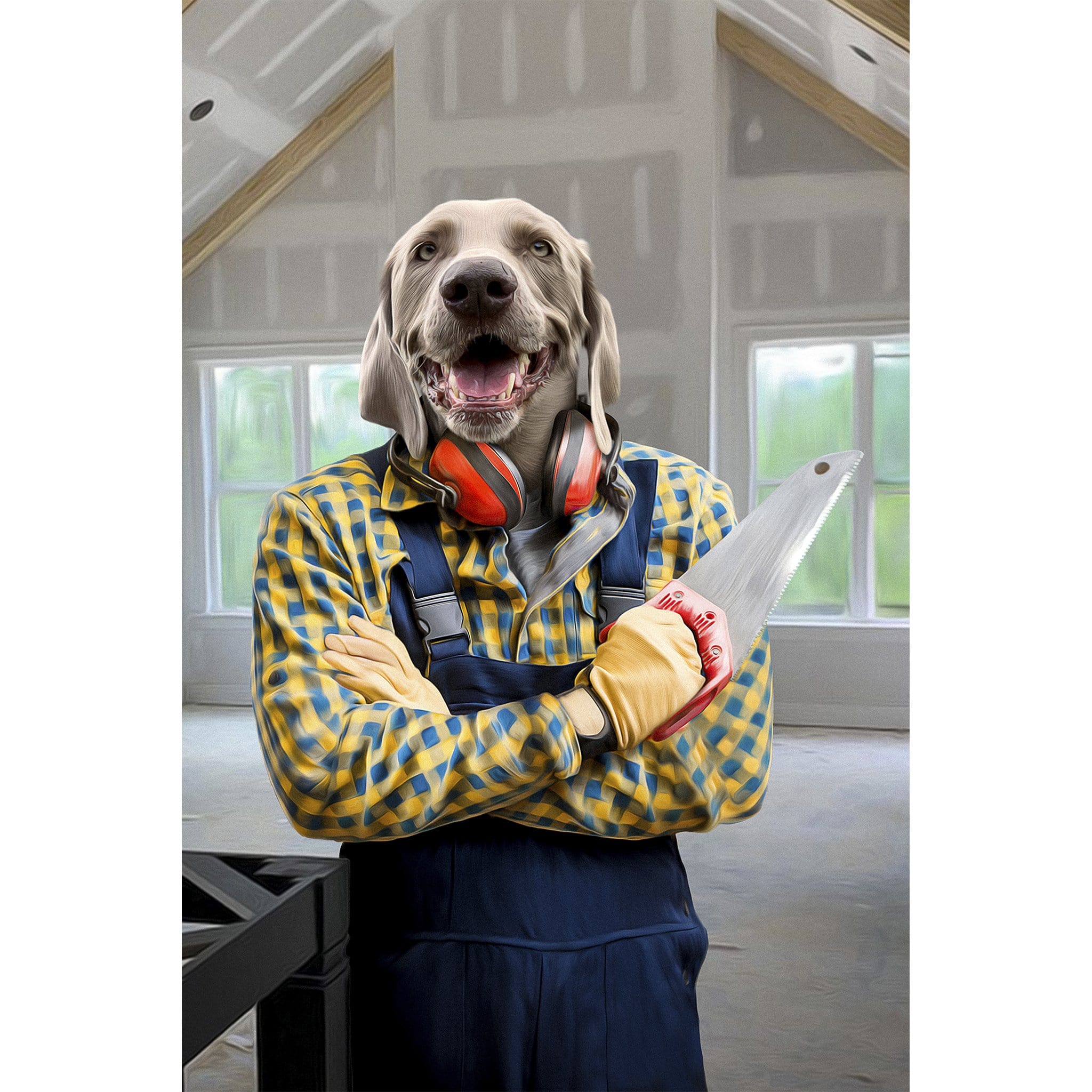 Custom digital portrait of a dog as a carpenter in blue overalls and a plaid shirt, holding a saw.