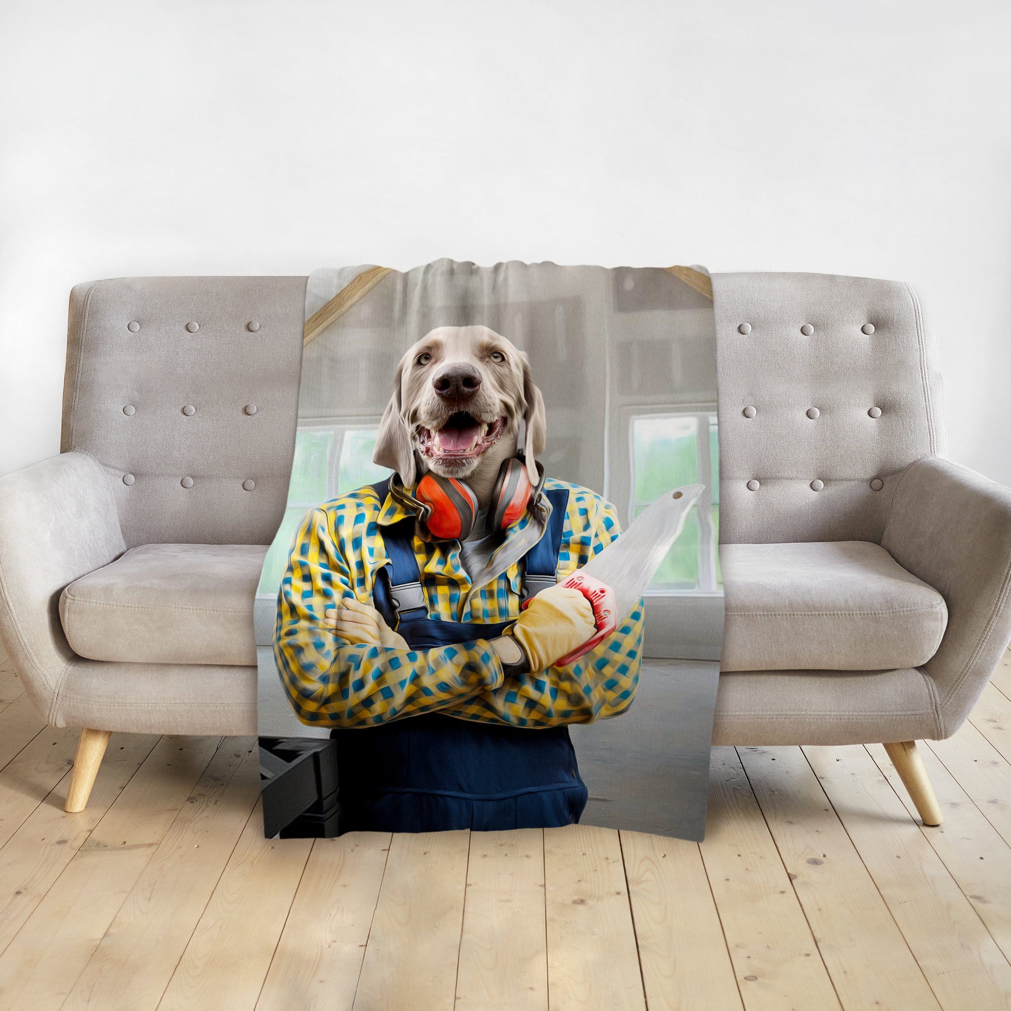 Personalized pet blanket with a Doggovinci portrait of a Weimaraner dog dressed as a carpenter.