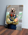 Personalized pet canvas featuring a dog in a carpenter's plaid shirt, blue overalls, and orange ear protection, holding a saw.