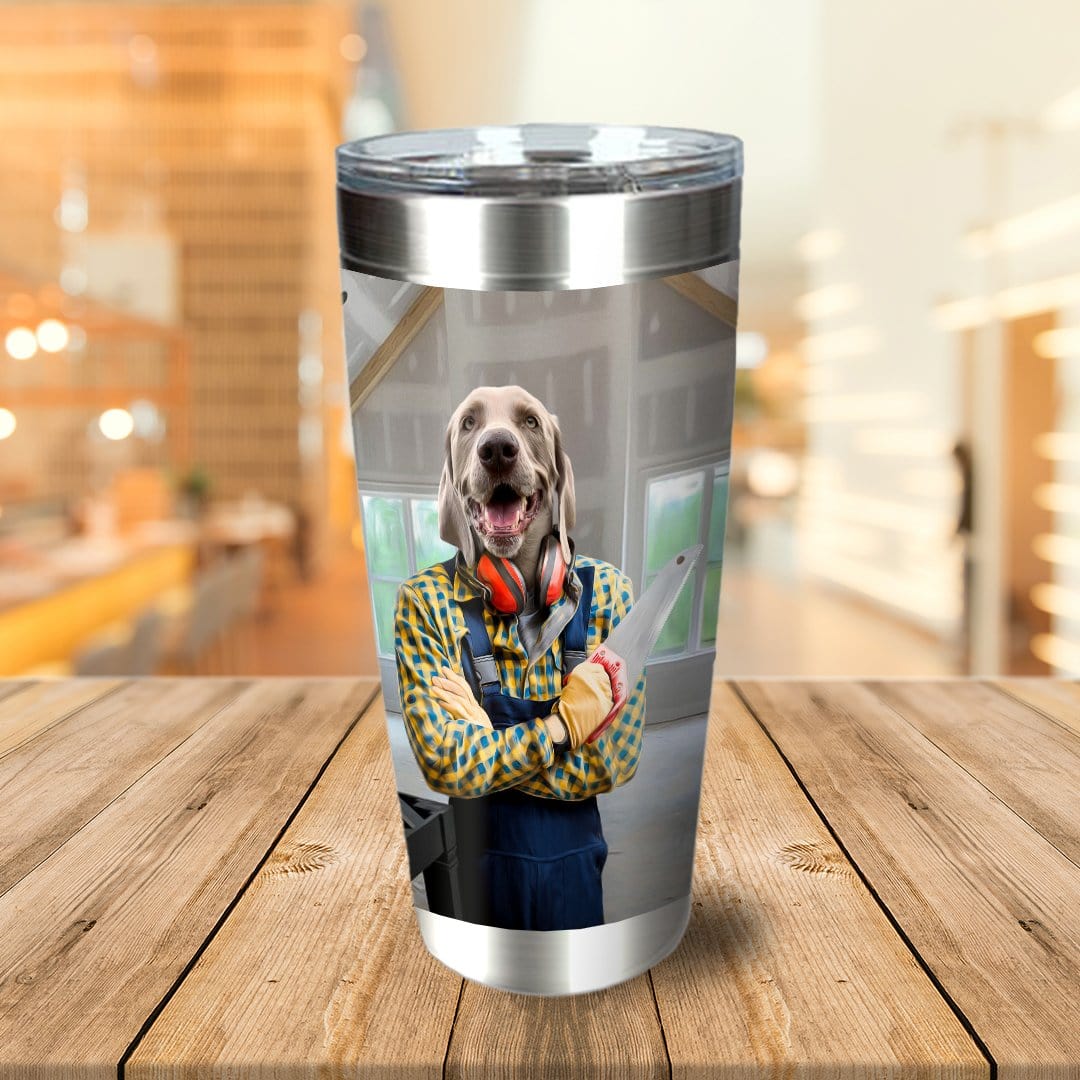 Personalized stainless steel tumbler with a custom dog portrait dressed as a carpenter holding a saw.