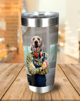 Personalized stainless steel tumbler with a custom dog portrait dressed as a carpenter holding a saw.
