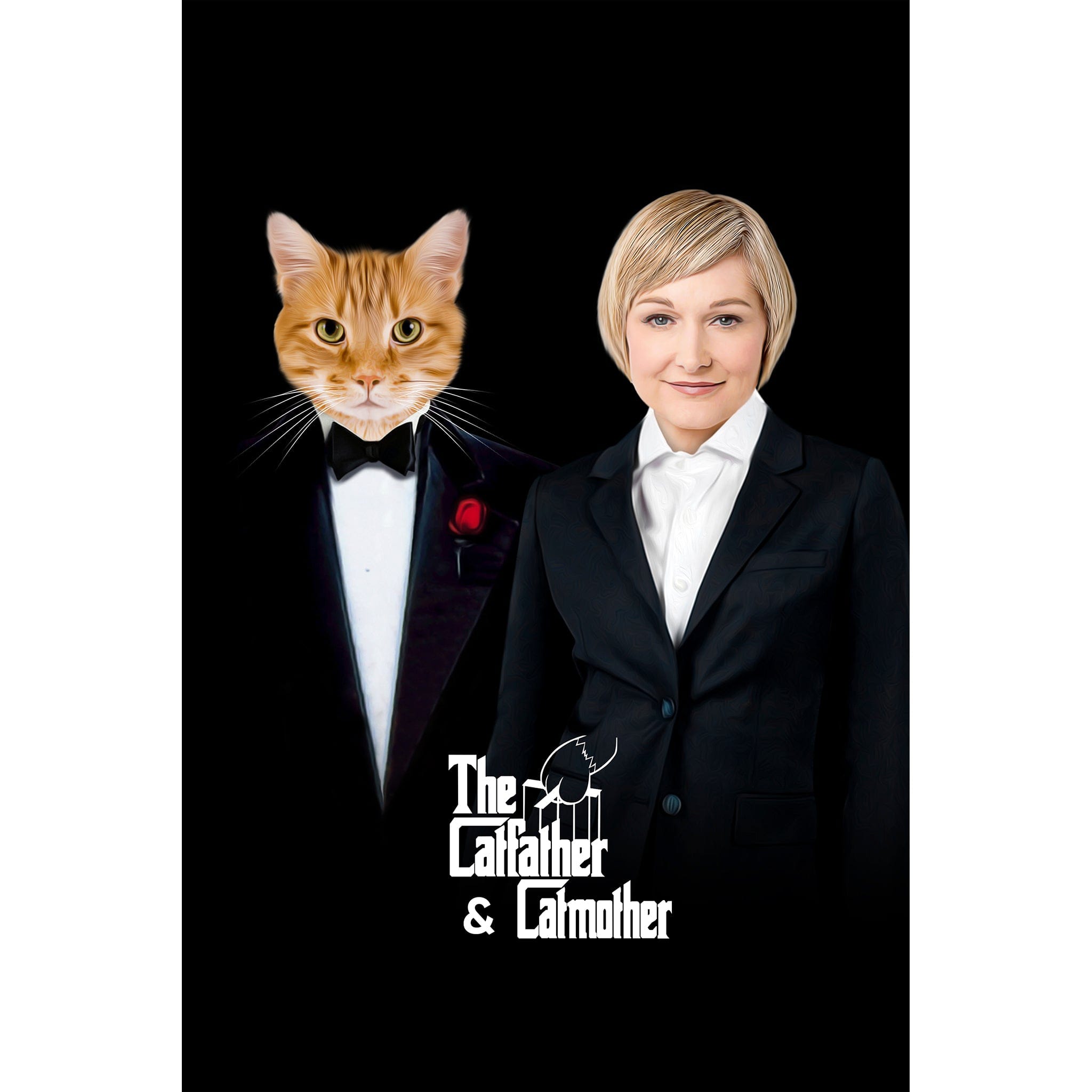 Personalized Catfather & Catmother digital portrait with a cat in a tuxedo and a woman in a suit.