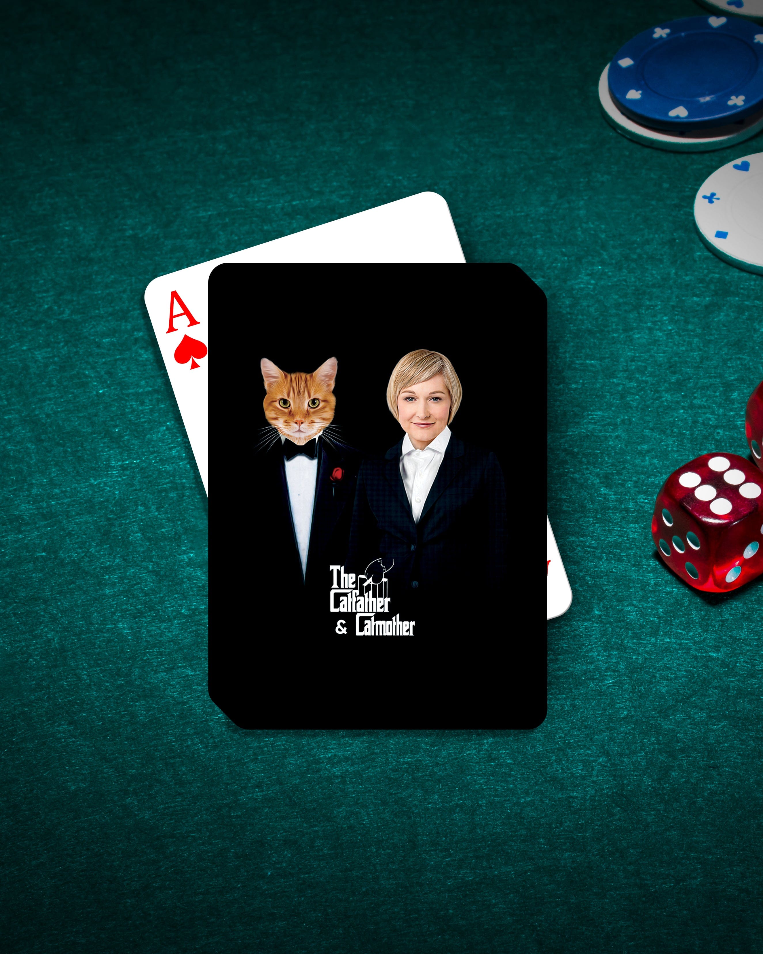 Personalized "Catfather & Catmother" playing card featuring a custom cat and woman portrait on a green felt table.