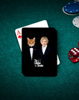 Personalized "Catfather & Catmother" playing card featuring a custom cat and woman portrait on a green felt table.