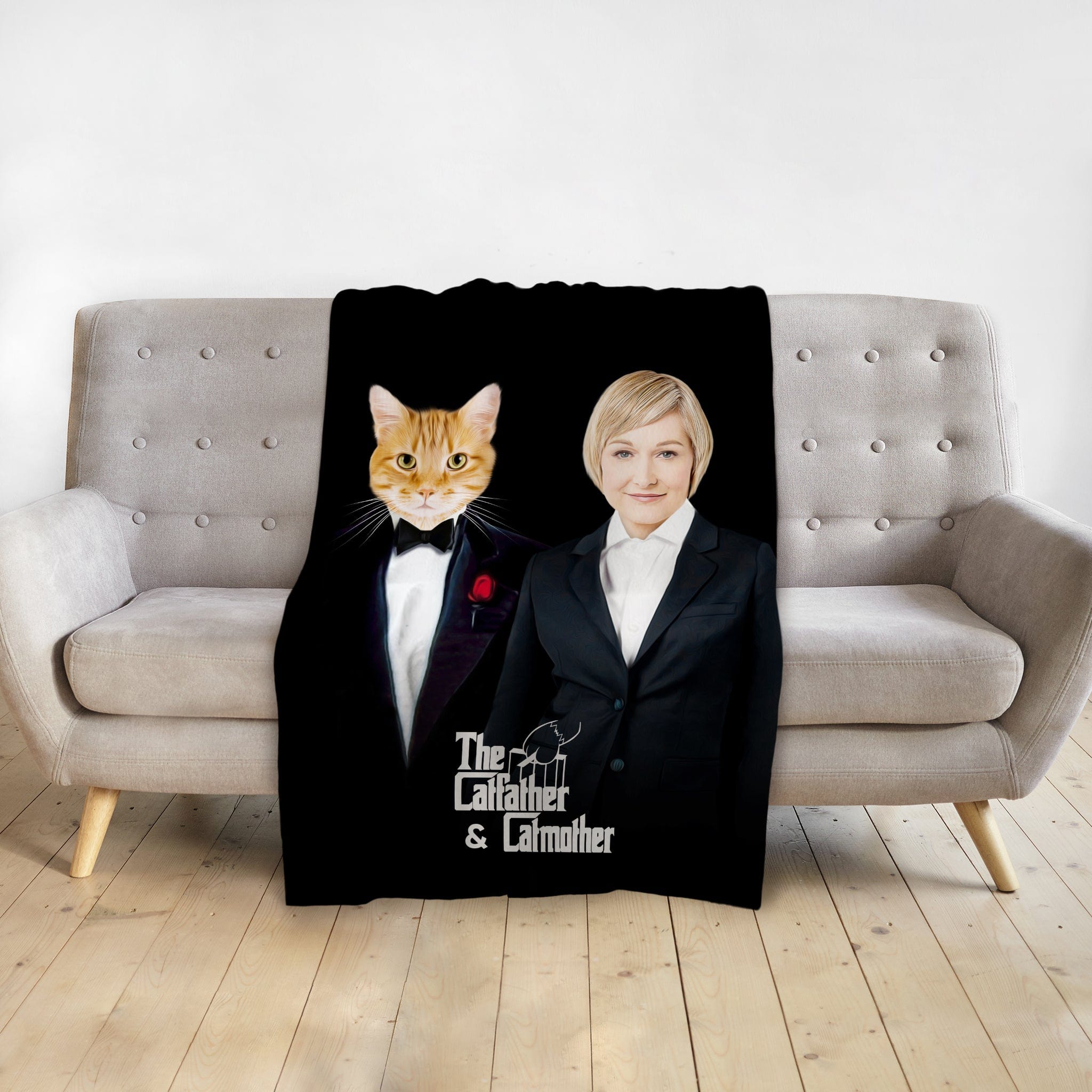 Custom "The Catfather & Catmother" personalized blanket with cat and woman portraits in formal wear.