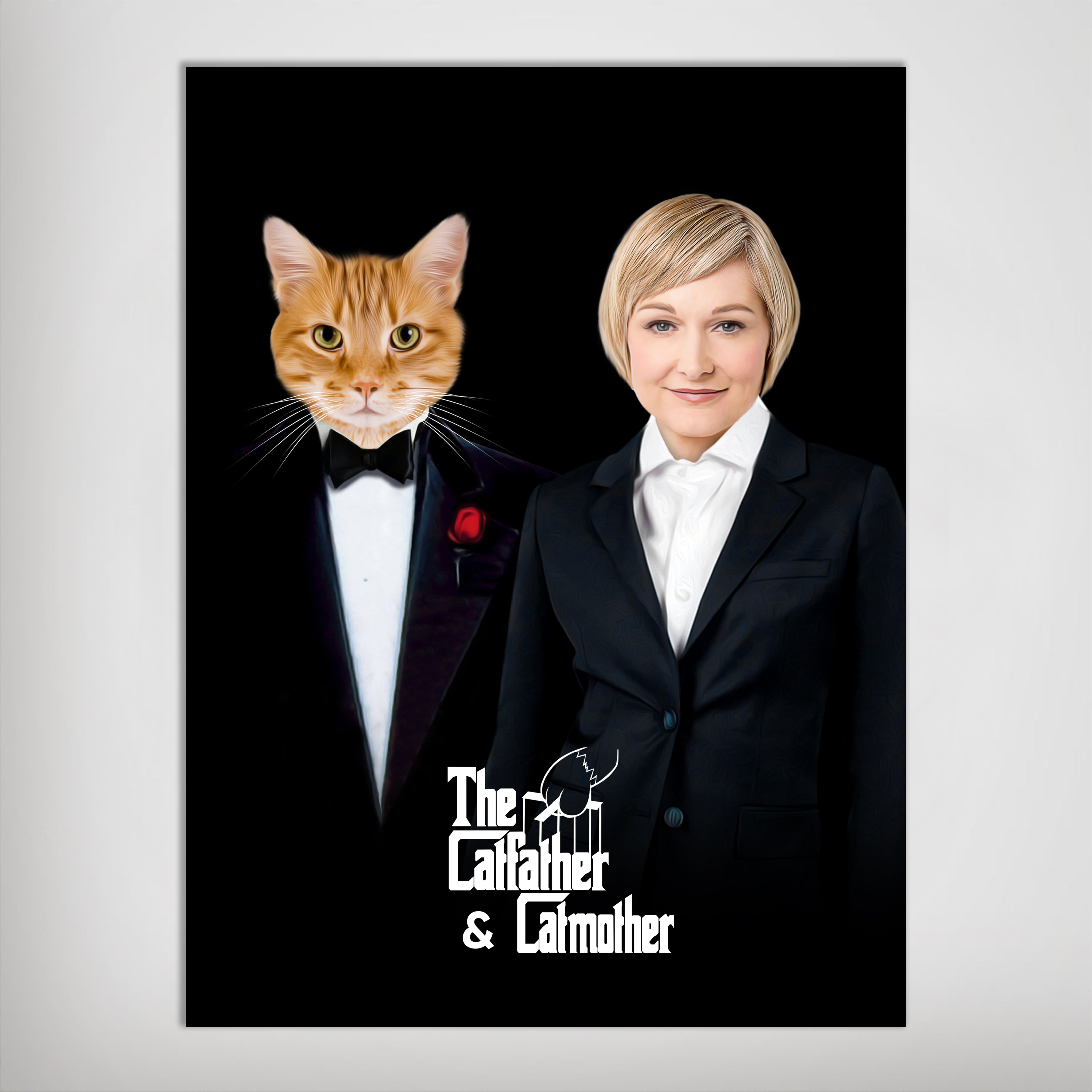 Personalized 'The Catfather & Catmother' poster featuring a ginger cat in a tuxedo and a woman in a suit.