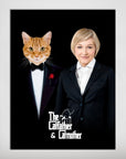 Personalized 'The Catfather & Catmother' poster featuring a ginger cat in a tuxedo and a woman in a suit.