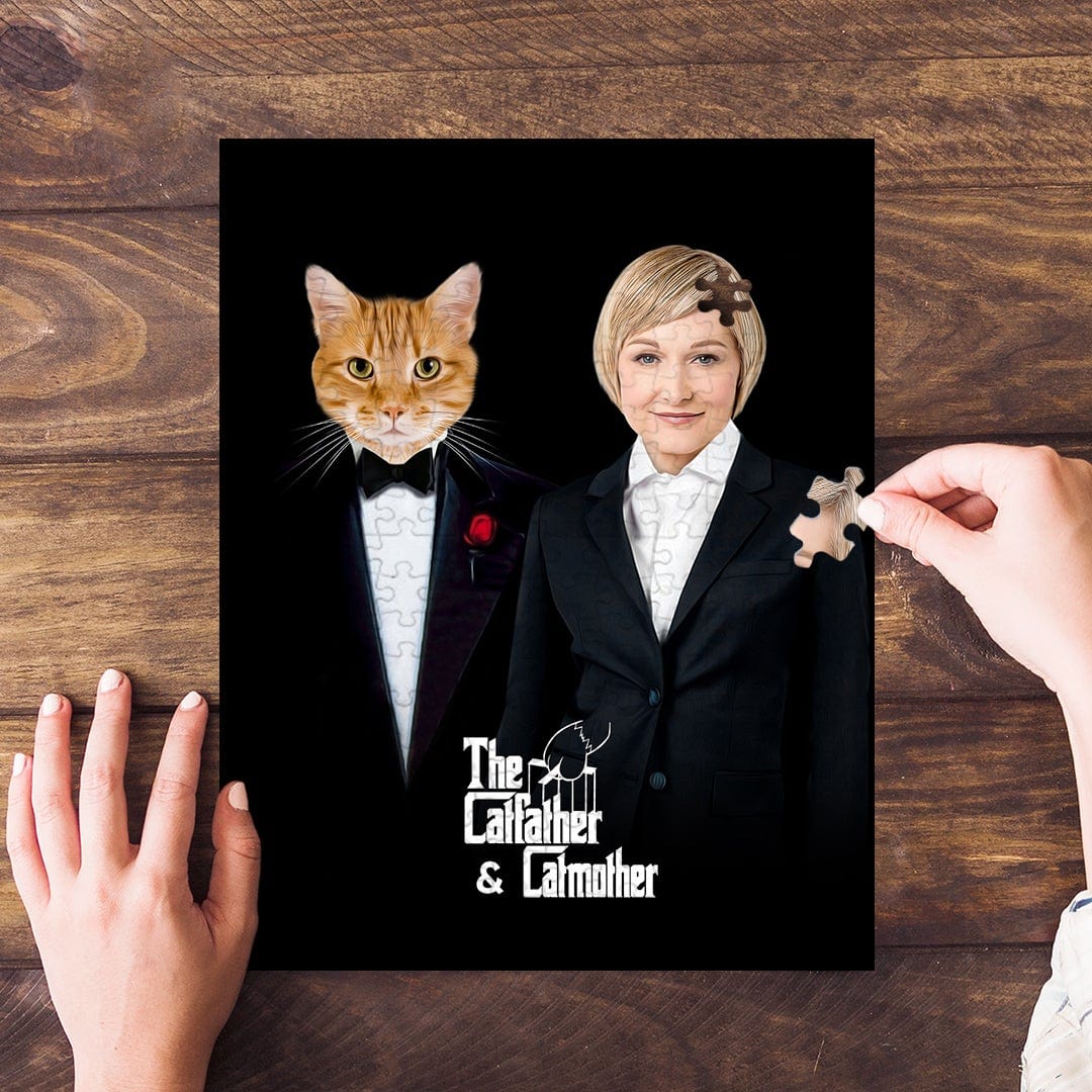 Custom "The Catfather & Catmother" personalized puzzle featuring a cat and woman in formal attire.