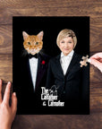 Custom "The Catfather & Catmother" personalized puzzle featuring a cat and woman in formal attire.