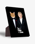 Personalized "The Catfather & Catmother" standing canvas featuring a cat in a tuxedo and a woman in a suit.